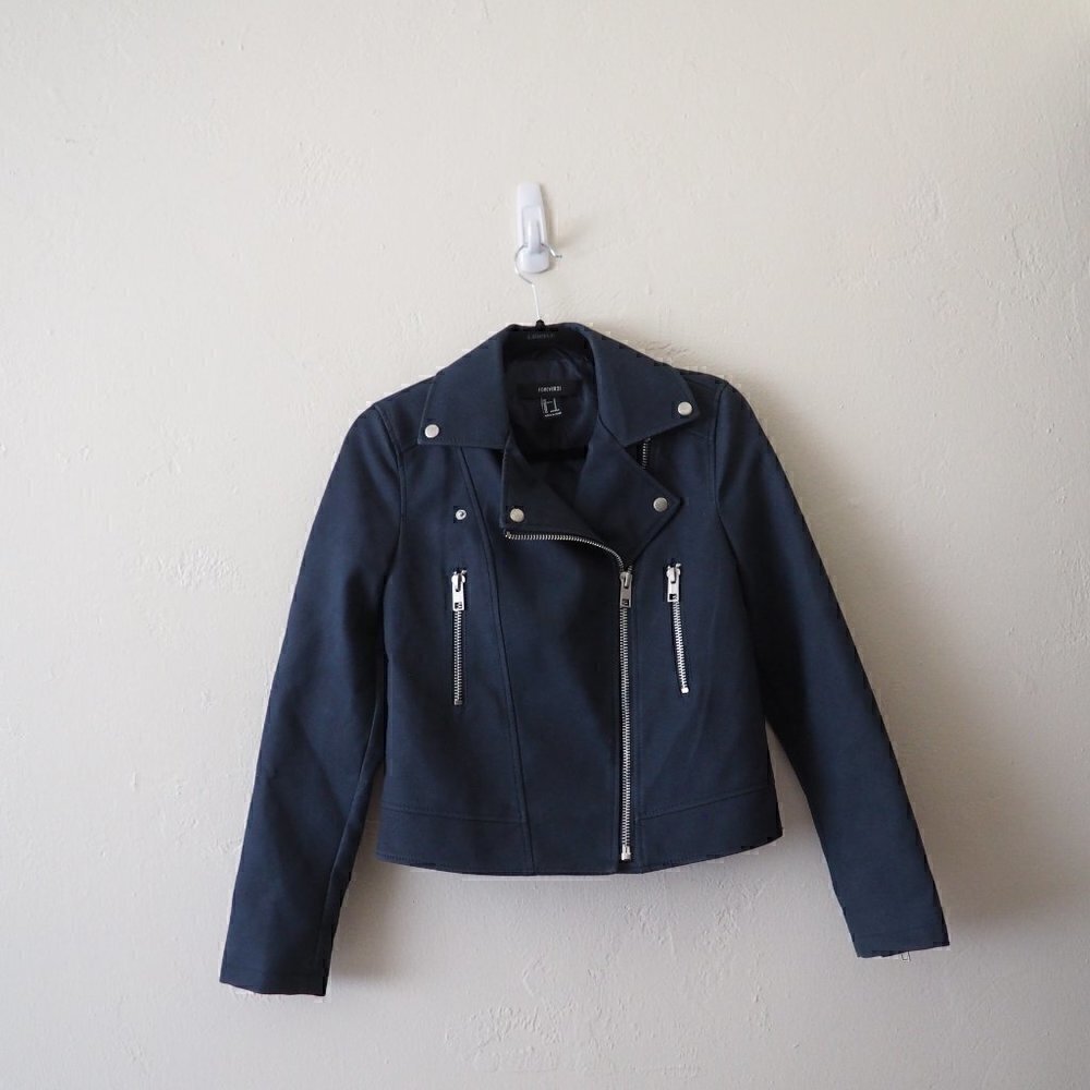 Forever 21 Grey Faux Suede Moto Jacket sz S - Picture 10 of 13